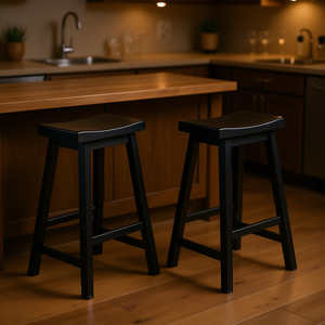 Bar <b>Stools</b> 29 Inch Saddle Seat Solid <b>Wood</b> <b>Black</b> Finish Casual Dining Home Furniture - Product Image 2