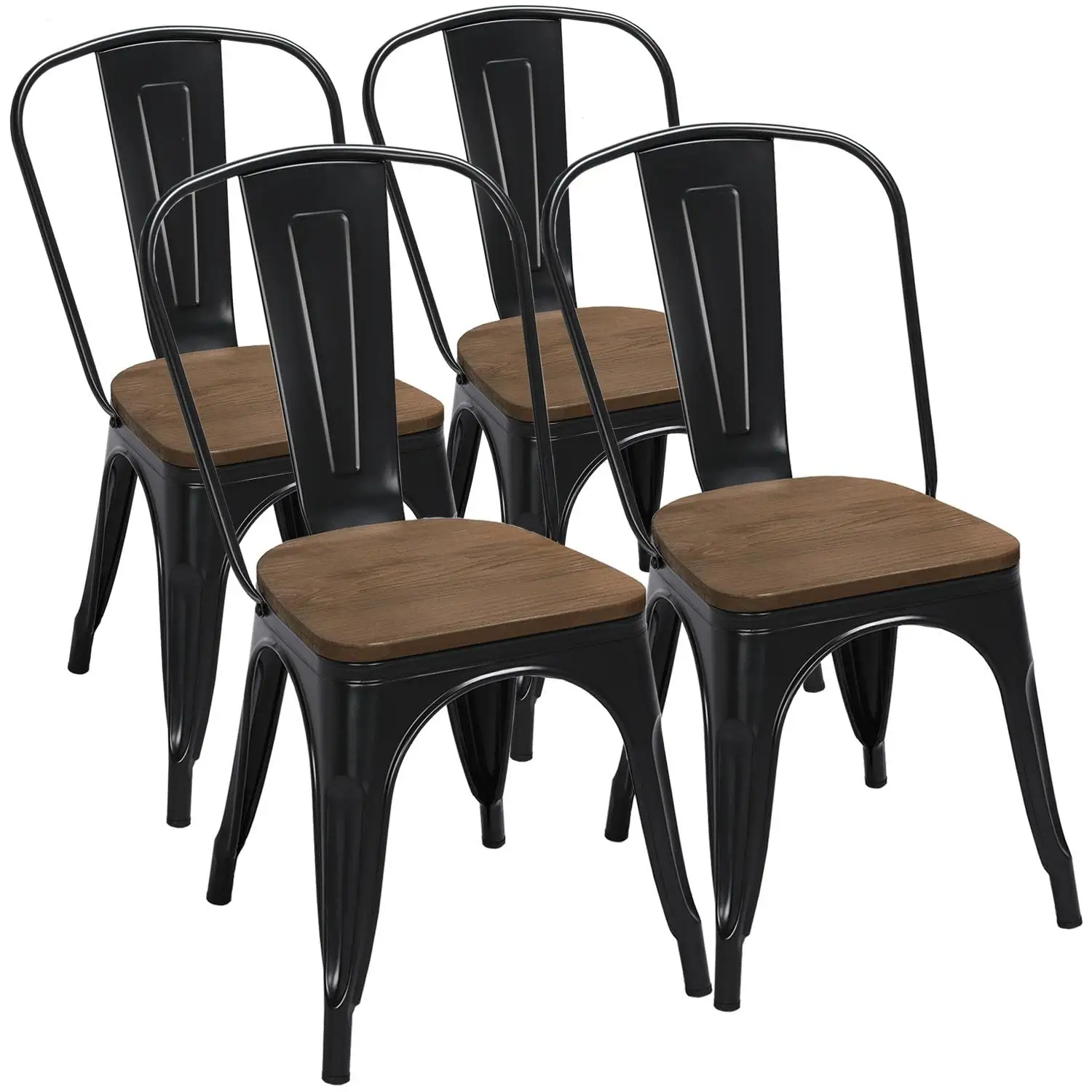 Cadeira de jantar de metal com parte superior de madeira/assento, cadeira de café para uso interno-exterior chique jantar bistro café lado barstool bar, cadeira de 4