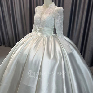 Lscm86 Elegante Vestido de Novia Blanco de Satén con Encaje, Manga Larga, Cintura Fruncida, Estilo Princesa, con Espalda de Encaje, Jancember - Product Image 4