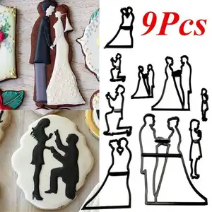 Set pemotong kue pengantin pria, 9 buah alat cetakan Fondant kue pernikahan siluet pasangan untuk ulang tahun pesta Valentine