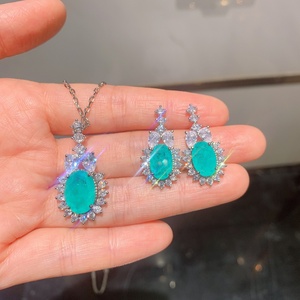 Factory Wholesale Gold Oval Cut 8*12mm Paraiba Cubic Zirconia Vintage Wedding Necklace <b>Earrings</b> Set Eco-friendly Copper CZ - Product Image 1