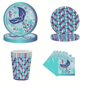 24 Serves Mermaid Happy Birthday Disposable Party Paper Plates Party Decorations Kid Mermaid Birthday Kids Party Tableware