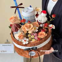 Kotak Hadiah Bulat Besar Bergaya Jendela Baru untuk Bunga dan Buah, Kotak Bunga Teh Susu Musim Gugur, Perlengkapan Florist Grosir