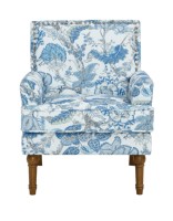 Fauteuil d'appoint moderne avec revêtement floral, garniture cloutée, pieds en bois massif, assise profonde, bleu et blanc, pour salon, chambre et salle à manger