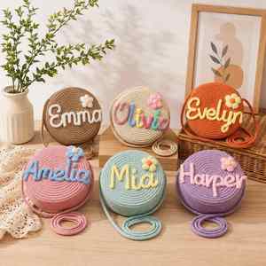 Personalized Kids <b>Straw</b> <b>Crossbody</b> <b>Bag</b>, Custom 3D Name with Flower, Round Woven Shoulder Purse, Little Girls Beach Travel Gift - Product Image 4