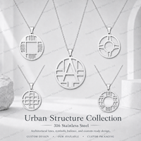 Collar con Colgante de Cadena de Eslabones Geométricos de Arquitectura, Acero Inoxidable 316, Círculo Cortado con Láser, Joyería Personalizada Minimalista Unisex
