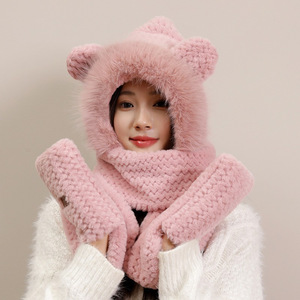 Ensemble écharpe et gants d'hiver pour femme, mignon, doux, en peluche épaisse, chaud, long, <span class=keywords><strong>avec</strong></span> cagoule et mitaines - Product Image 4