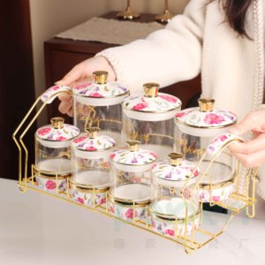 Sang Trọng Hoa Mô Hình Thủy Tinh Kín Jar Tay Áo Với Kệ Vàng 7-Mảnh Thiết Lập Công Suất Lớn Lưu Trữ Jar Cà Phê Jar - Product Image 3