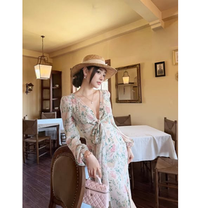 V <b>Neck</b> <b>Tie</b> Front Long Sleeve Slit Breathable Vacation Resort Wear Wholesale Boho Floral Digital Chiffon Maxi Dress Women Deep - Product Image 1