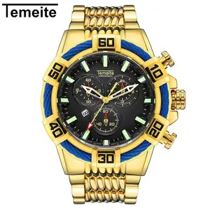 TEMEITE personalised silver male quartz watch original steel Strap water resistant 24 hour chronometer running watch