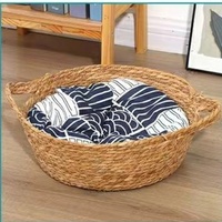 Vente chaude Nid De Paille Tissé À La Main Article Pet Panier Lit Chat Rond Naturel Rotin Chien Nid avec Coussin Doux