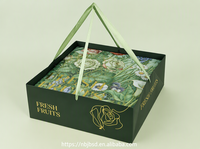 Boîte d'emballage de fruits personnalisée de luxe en papier rigide vert foncé à imprimé botanique, vente en gros, avec poignée pour fruits frais