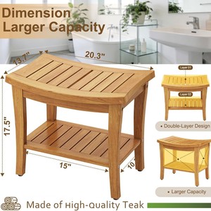 Tabouret de douche en teck, bois massif avec étagère de rangement, imperméable, antidérapant, utilisation intérieure et extérieure - Product Image 2