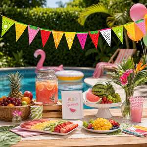 Tropical <b>Summer</b> Party Bunting <b>Decor</b> Pre Strung Colorful Watermelon Pineapple Kiwi Fruit Theme Triangle Flag Banners - Product Image 1