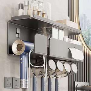 Wall Mounted Toothbrush Holder With Hair Dryer Bracket And Cup Rack For Bathroom Storage Shelf - Product Image 1