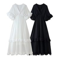 Robe longue décontractée pour femme, col en V, manches à volants, été 2026, noir et blanc