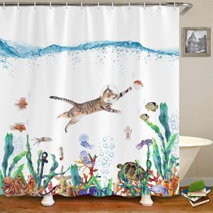 Rideaux de <span class=keywords><strong>douche</strong></span> personnalisés avec <span class=keywords><strong>photo</strong></span> 3D Fowocu, chat amusant, poisson, avec crochets, tissu imperméable bleu océan, <span class=keywords><strong>rideau</strong></span> de salle de bain/ - Product Image 2