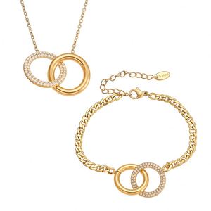 Stainless Steel Gold Plated Islamic Double Ring Design Zircon Pendant Necklace <b>Bracelet</b> <b>Set</b> Women Trendy Fine Accessories - Product Image 1