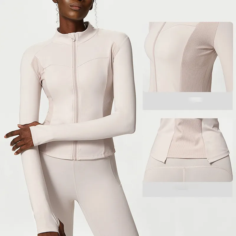 1 Pcs Custom Logo Zipper Stitching Sweat Wicking Long Sleeves Fitness Sports Coat Gym Activewear Yoga Jacket Top For Women