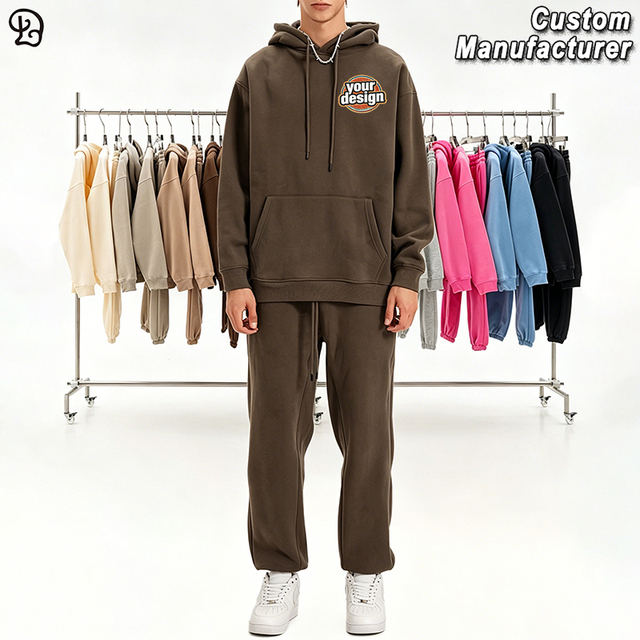 Men Custom Solid Hoodie Tracksuit Set Heavyweight Cotton Fleece Hood Sweatshirt Sweatpants 2 Piece Casual Streetwear Jogger Suit