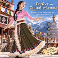 Costume de danse ethnique moderne professionnel pour femmes, robe de style mongol tibétain avec bordure en fausse fourrure et pompons