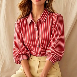 T739 2026 베스트셀러 스트라이프 7부 퍼프 소매 우아한 라펠 블라우스 (여성용) - Product Image 4