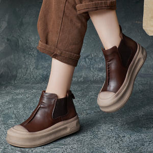 Botines de Plataforma con Punta Redonda, Estilo Retro, Hechos a Mano, Otoño Invierno, Botas Chelsea Casuales, Botines Británicos de Piel Auténtica, Zapatos Deportivos - Product Image 1