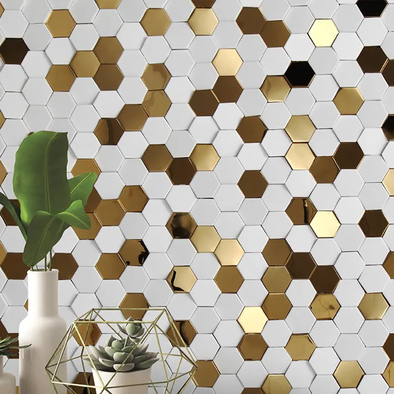 3D Hexagon Ceramic mosaic tile gold stainless steel wood chips wall tile decor modern wall veneer