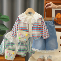 Ensemble de vêtements pour bébés filles, 3 pièces, tenue décontractée, cardigan rayé, chemisier en dentelle, short en jean à volants, ensemble de vêtements pour enfants