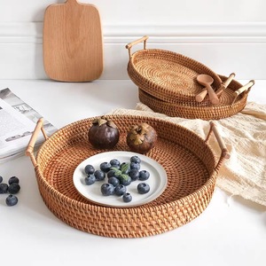 Rattan basket hotel home tray dessert snack fruit tray woven storage basket retro pastoral style portable round tray