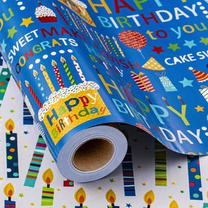 <b>Blue</b> Birthday Wrapping Paper <b>Roll</b> 46.8 Square Feet Reversible Design For Birthday Celebration - Product Image 1