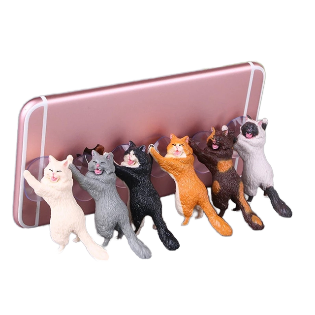 Resin Cat Figurine Miniature Sucker Design Phone Holder Fairy Garden Cartoon Statue Craft Home Car Decorative Gift