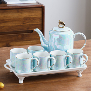 Ceramic cup set, souvenir teapot with <b>tea</b> <b>tray</b>, gold-edge coffee cup, home water cup and pot, new home gift set - Product Image 2