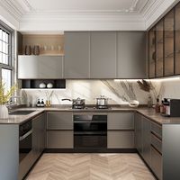 Meubles de cuisine modernes personnalisables en bois massif à panneaux plats, finition laquée, avec évier, crédence et robinet, pour villas