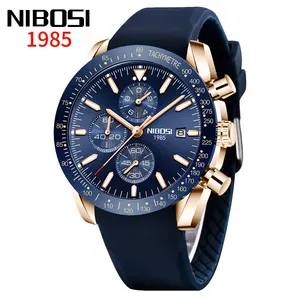 NIBOSI 2615 Montre mode décontractée chronographe à date automatique étanche à aiguilles lumineuses à quartz avec bracelet en caoutchouc