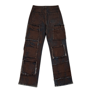 Pantalon en jean taille mi-haute coupe oversize avec rivets décoratifs et multiples poches plaquées, marron délavé, à jambe large, pour le style Hip Hop Punk - Product Image 4