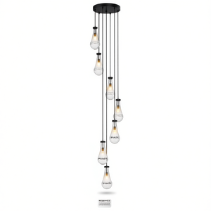Lustre suspendu réglable à 7 lumières, en fer noir avec abat-jour en verre cloche, LED E26, grand modèle pour salle à manger, salon, et éclairage d'escalier - Product Image 1