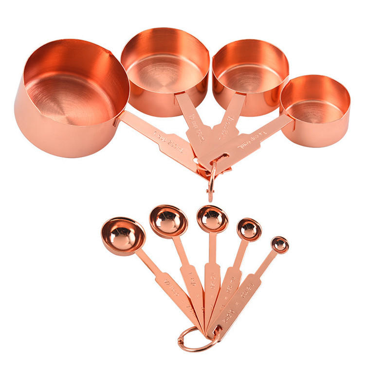 Copper plated stainless measuring cups and spoons set rose gold kitchen cooking measuring cup with spout