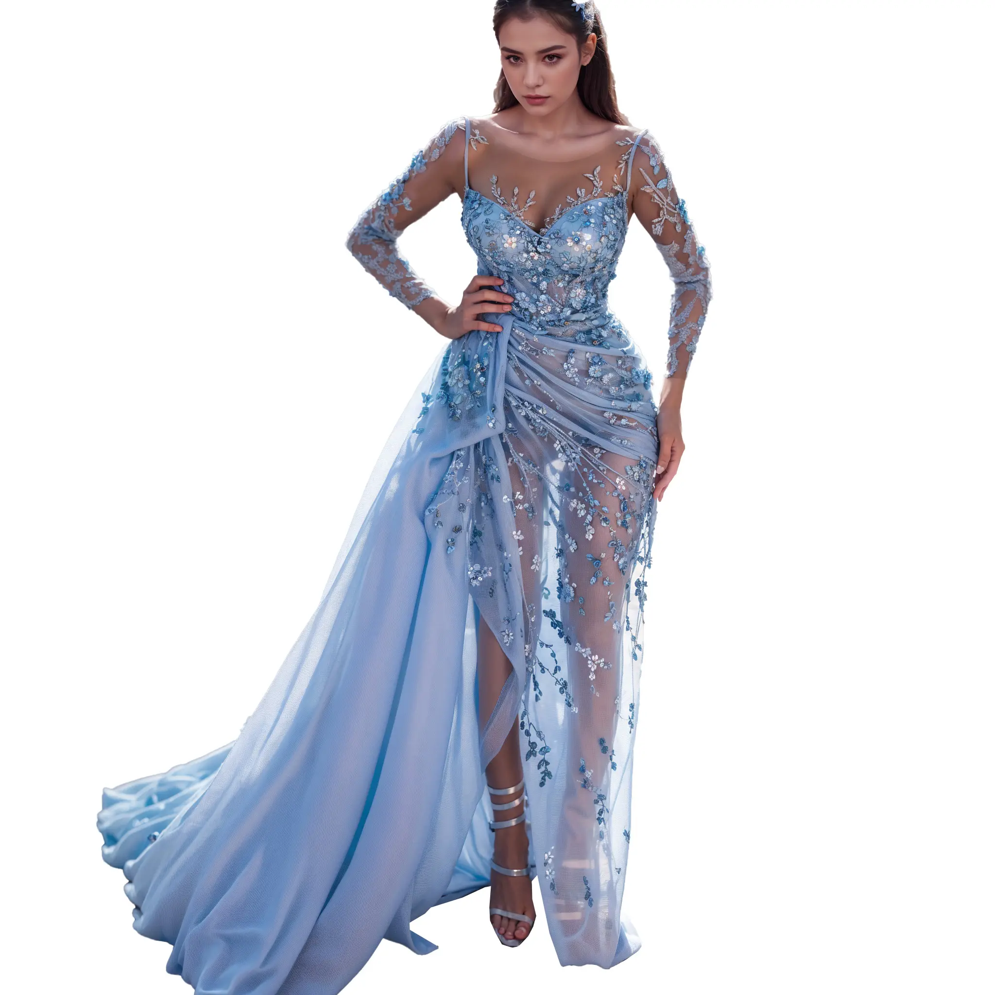 Gaun malam ukuran besar lengan panjang biru langit cantik gaun malam belahan panjang putri duyung, dihiasi dengan manik-manik berkerut