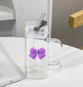 2025 뜨거운 판매 여자의 사각 유리 컵 커피 차 음료 용기 Bowknot 뚜껑과 빨대와 주방 도구에 대 한 주스 물 - Product Image 5