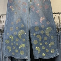 Ensemble 2 pièces en jean irisé avec strass, chemise et jean palazzo à jambes larges, collection boutique femme 2026 (vente en gros)