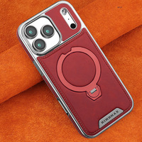 Étui de téléphone en cuir haut de gamme pour iPhone 17 avec support magnétique rotatif pour Apple 16, coque rigide en cuir électroplaqué avec support intégré