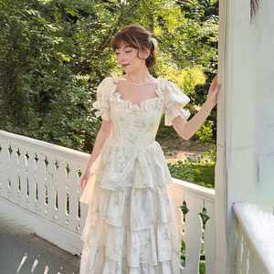 أنيقة بطباعة زهور كم منفوخ رقبة مربعة بترتيب طويل طويل عتيق بوهو فستان صيفي للحدائق والحفلات للنساء - Product Image 3