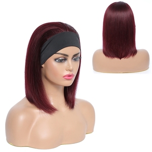 Perruque Bob <span class=keywords><strong>Courte</strong></span> Femme Sans Colle, 100% Cheveux Humains Brésiliens Remy Bouclés, Faite à la Machine, Couleur Bourgogne, avec Bandeau - Product Image 1