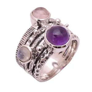 天然紫水晶玫瑰石英彩虹月光石戒指印度珠宝批量批发925纯银珠宝供应商