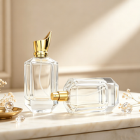 Vente en gros de flacons de parfum carrés en verre vides de haute qualité de 100 ml avec bouchon doré, pulvérisateur à pompe, emballage imprimé à l'écran