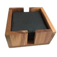 Sous-verres carrés en ardoise lisse 10x10x0,5 cm pour salon et bureau, avec support en bois d'acacia – Collection 2026