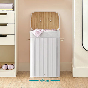 Bel rettangolo di bambù bianco pieghevole di bambù biancheria sporca cesto portaoggetti con coperchio e fodera rimovibile - Product Image 5