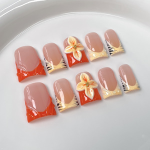 TSZS Faux Ongles Réutilisables de Haute Qualité, Faits Main, à Pression, Motif Floral 3D Gaufré, Multicolores, Forme Bec de Canard, pour Femmes - Product Image 1
