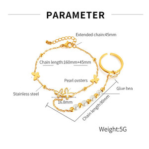 สร้อยข้อมือผีเสื้อเคลือบทอง 14k 18k ทำจากสแตนเลสสตีล 316L ไม่หมอง พร้อมแหวนสำหรับผู้หญิง - Product Image 6